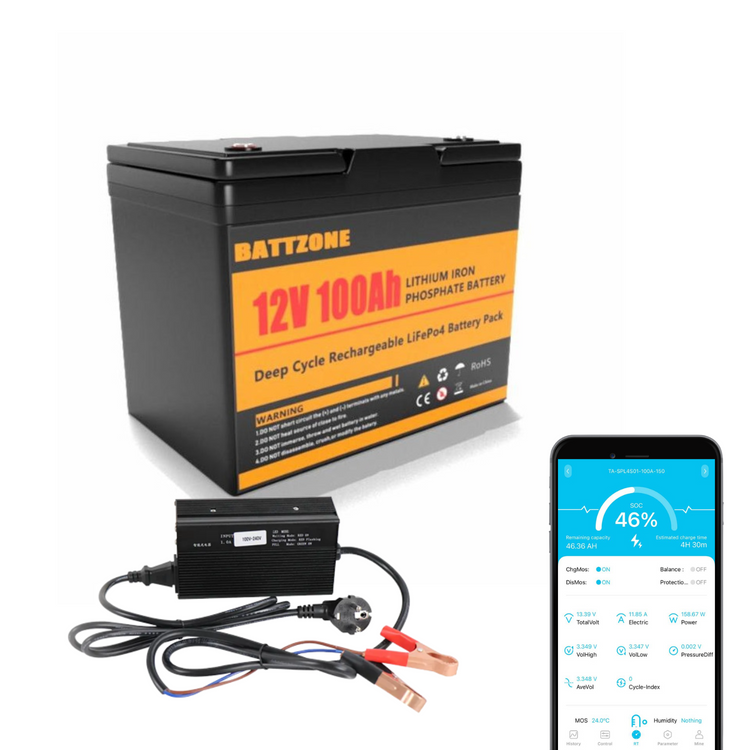 Акумулятор Lifepo4 12V 100AH із зарядним пристроєм BATTZONE з Bluetooth BMS