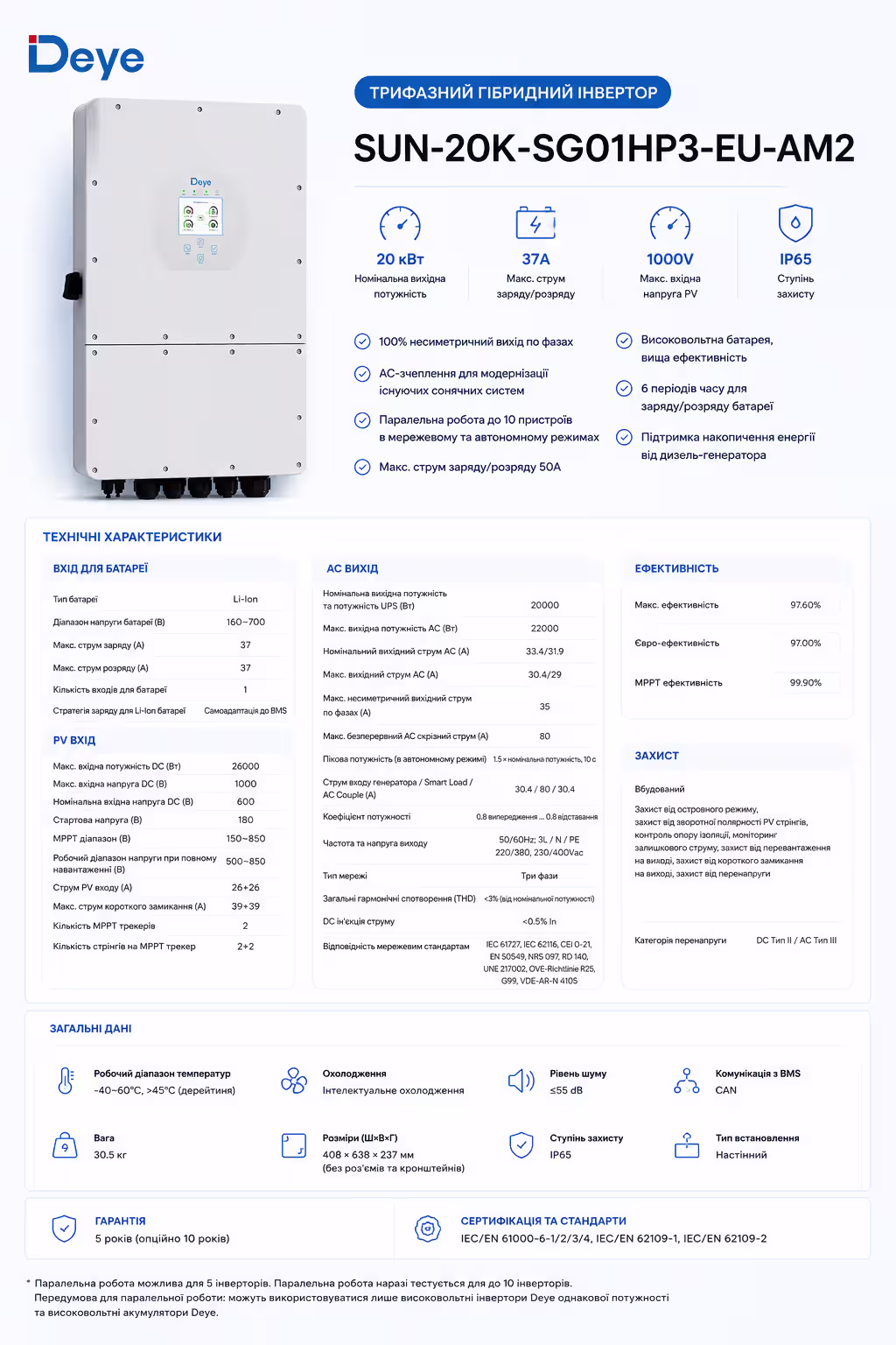 Deye 20 кВт трифазний гібридний інвертор SUN-20K-SG01HP3-EU-AM2 — фото 9