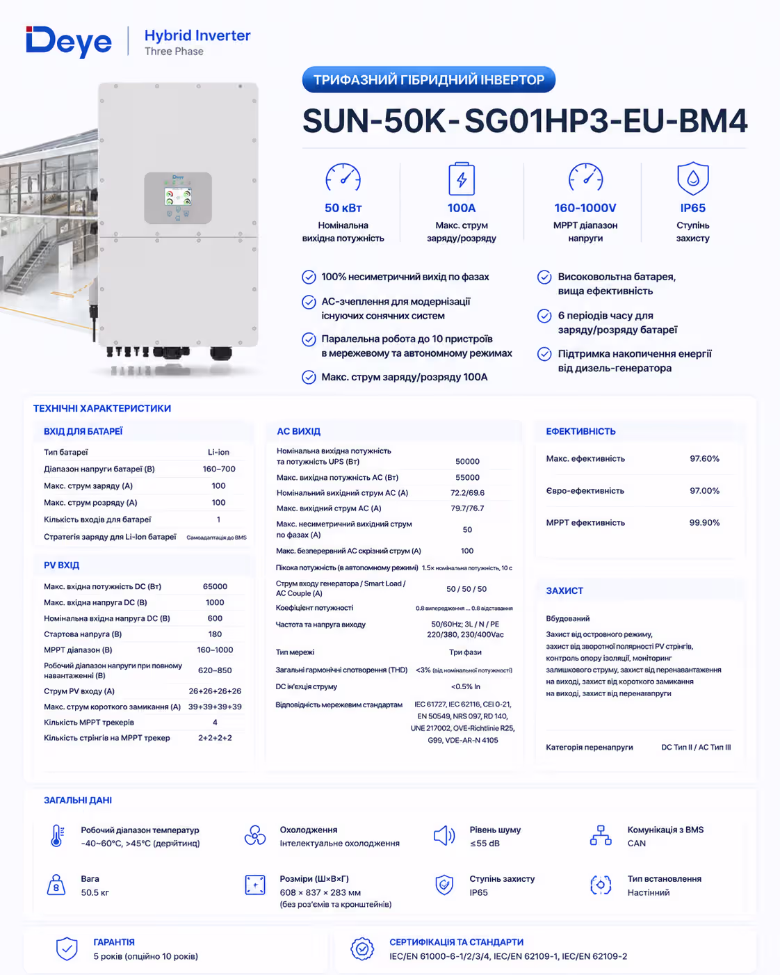 Deye 50 кВт трифазний гібридний інвертор SUN-50K-SG01HP3-EU-BM4 — фото 9