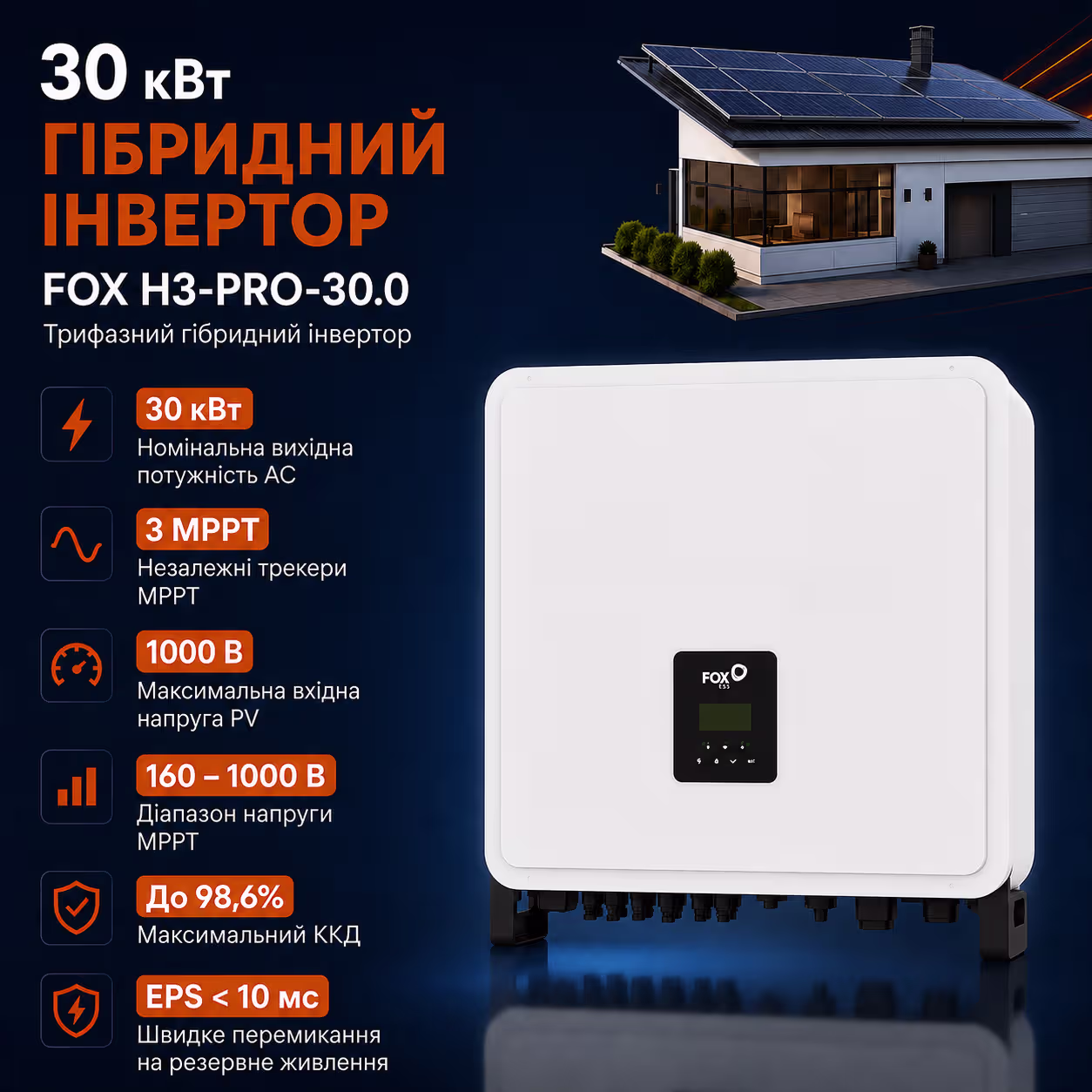 FOX 30 кВт трифазний гібридний інвертор H3-PRO-30.0 — фото 3