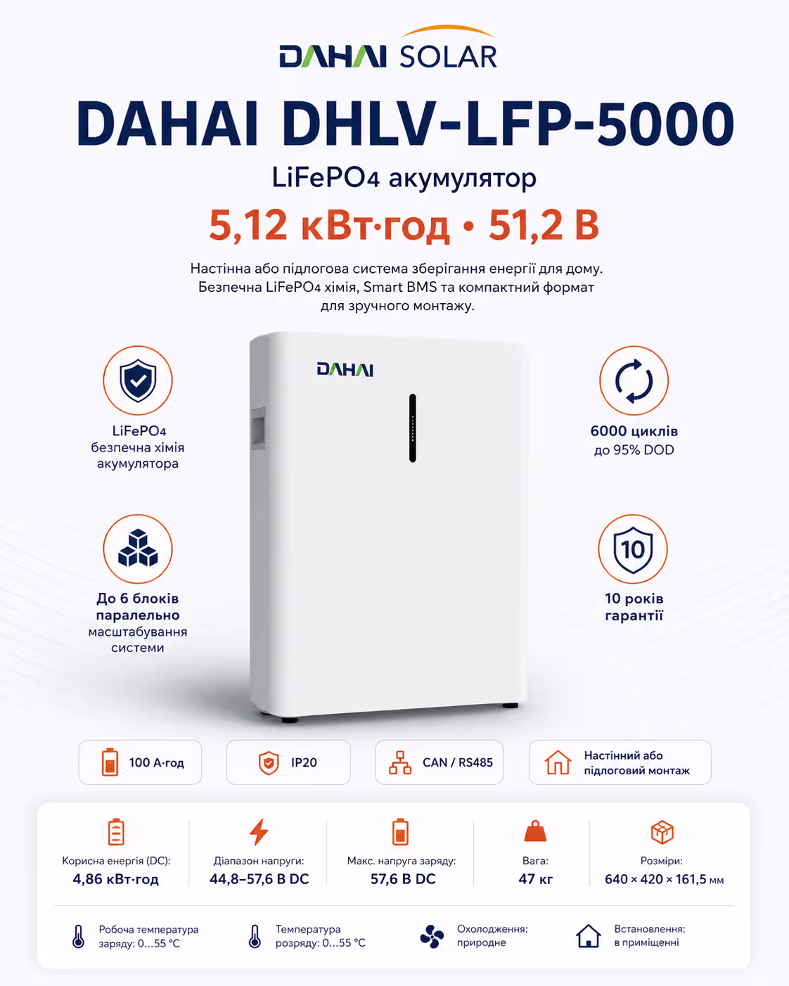 Dahai 5,1 кВт/год 51,2В LiFePO4 акумулятор DHLV-LFP-5000 — фото 3
