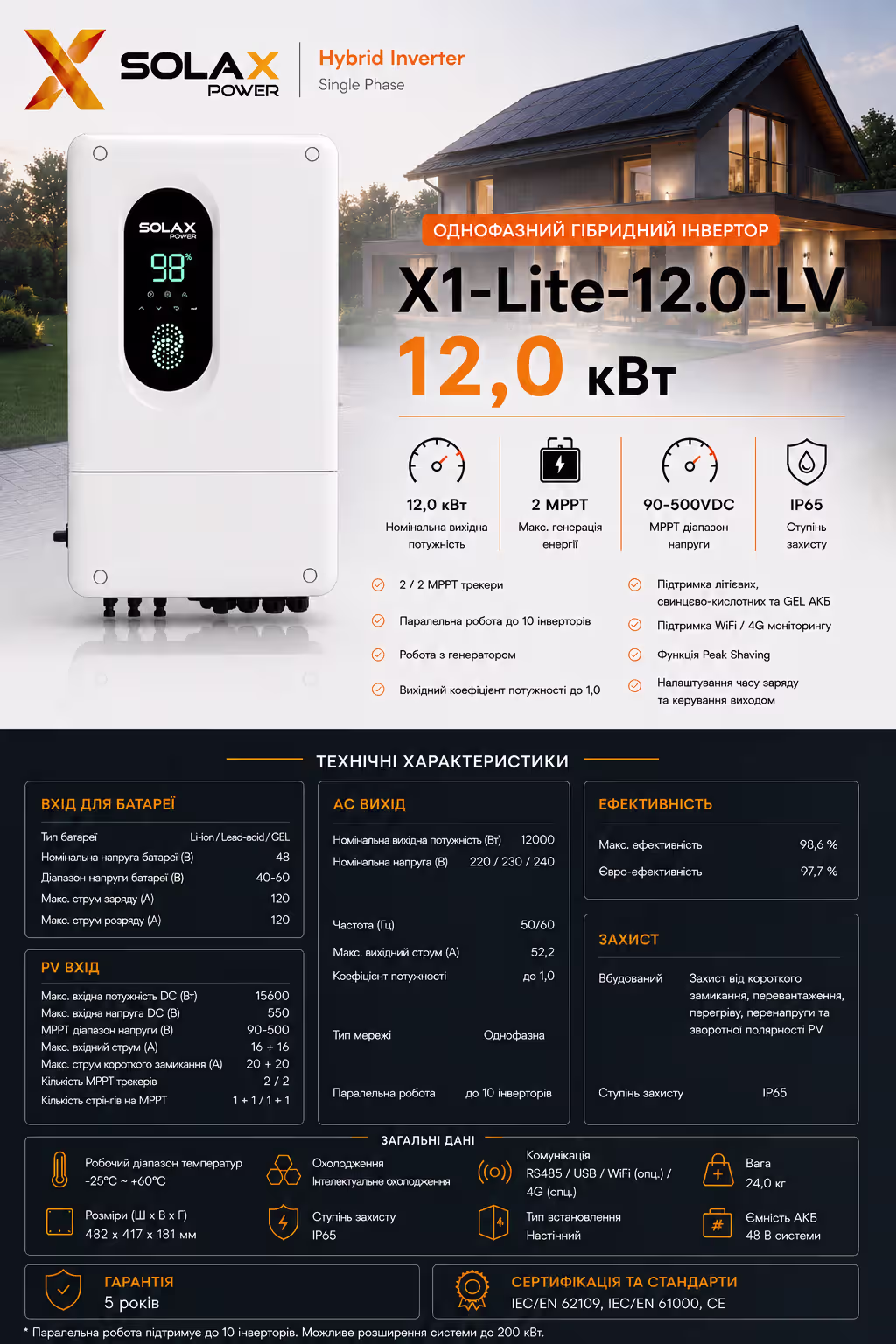 SOLAX 12 кВт однофазний гібридний інвертор X1-Lite-12.0-LV — фото 8