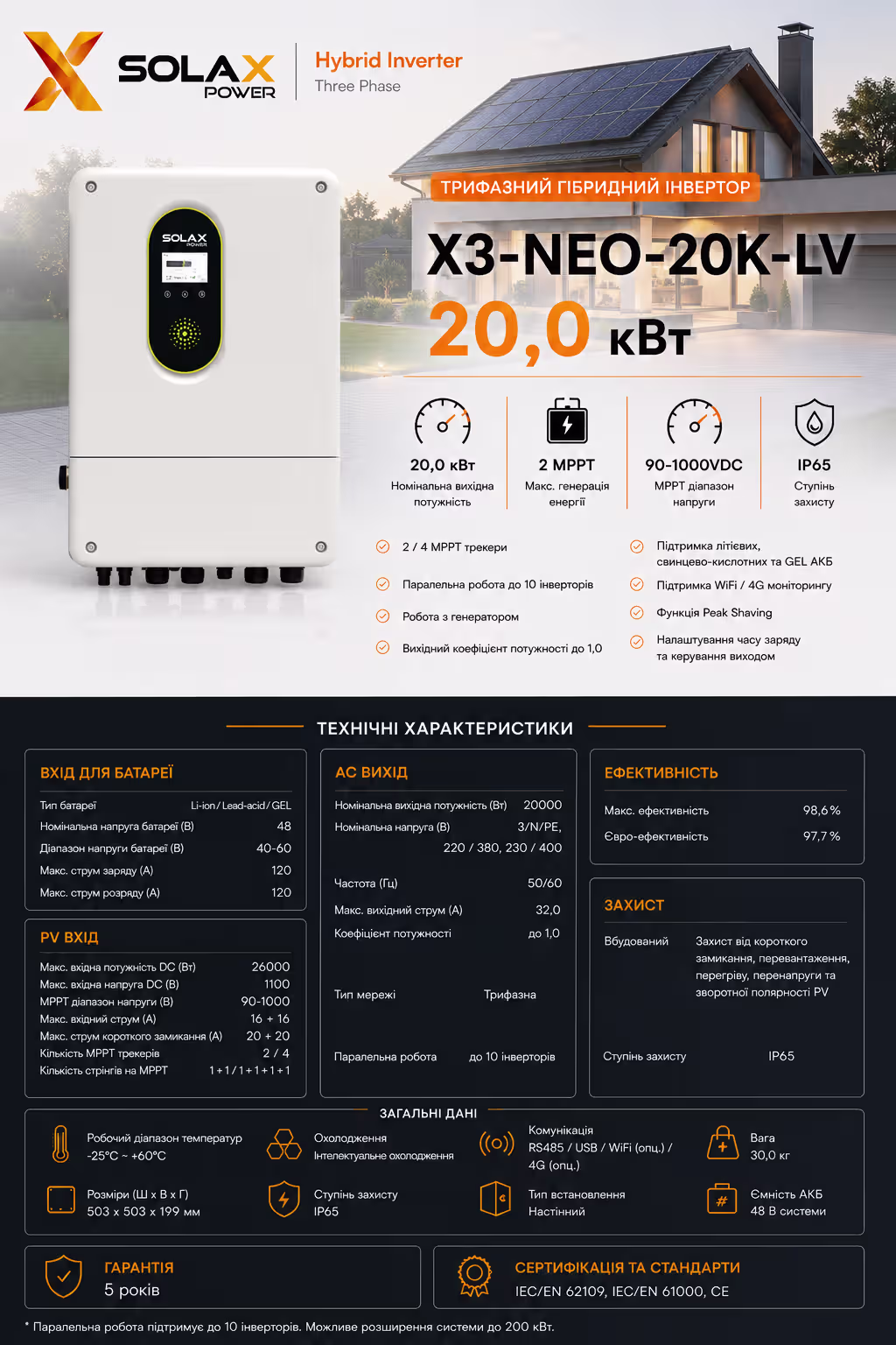 SOLAX 20 кВт трифазний гібридний інвертор X3-NEO-20K-LV — фото 7