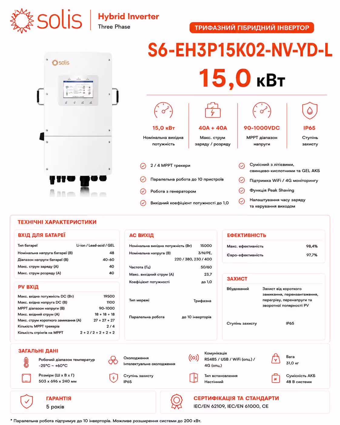 Solis 15 кВт трифазний гібридний інвертор S6-EH3P15K02-NV-YD-L — фото 9