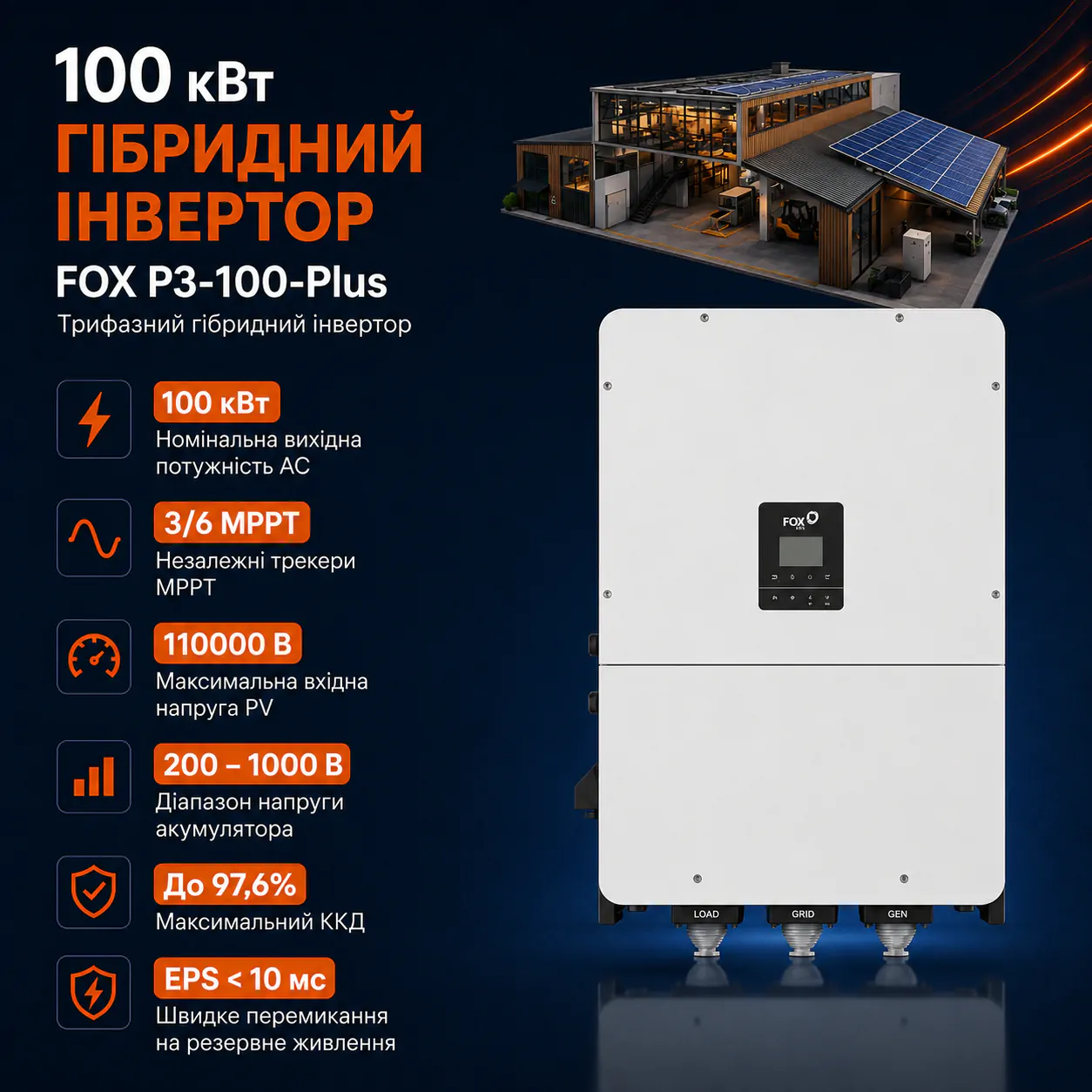 FOX 100 кВт трифазний гібридний інвертор P3-100-Plus — фото 3