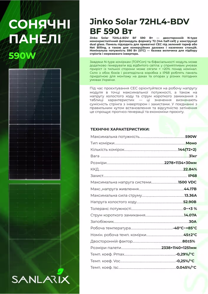 Jinko Solar 590 Вт сонячна панель 72HL4-BDV Bifacial — фото 4