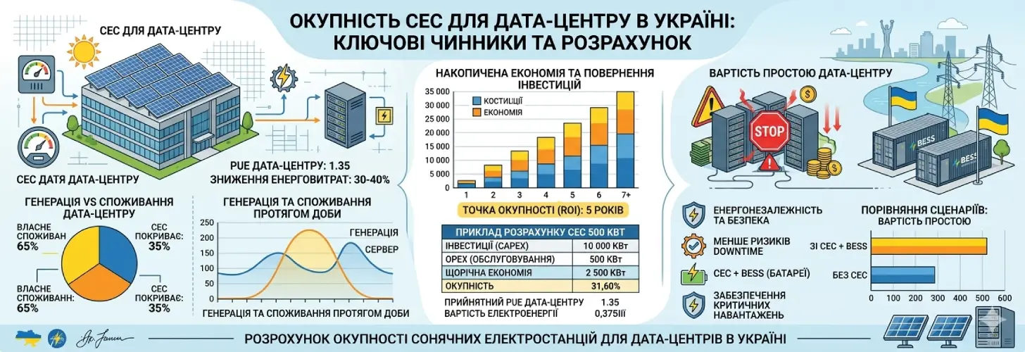 Окупність СЕС для дата-центру: розрахунок з урахуванням PUE та вартості простою