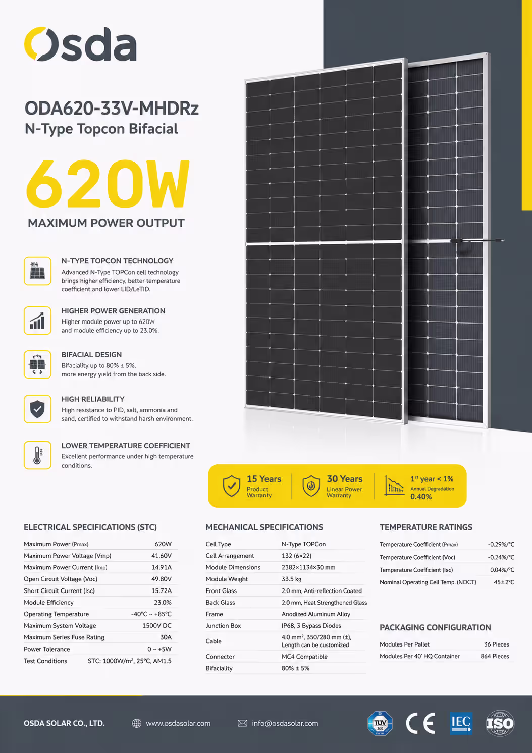 OSDA 620 Вт сонячна панель N-Type Topcon ODA620-33V-MHDRz Bifacial — фото 3
