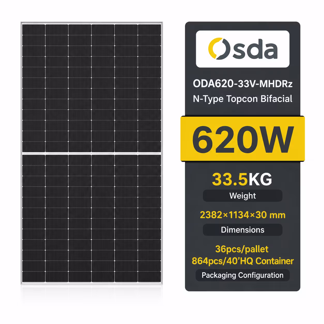 OSDA 620 Вт сонячна панель N-Type Topcon ODA620-33V-MHDRz Bifacial — фото 2