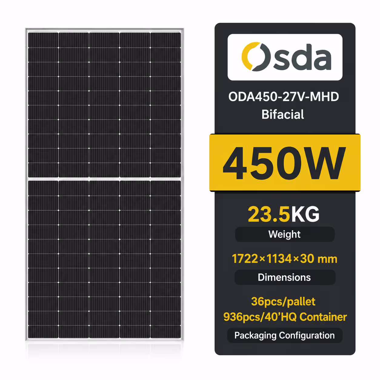 OSDA 450 Вт сонячна панель ODA450-27V-MHD Bifacial — фото 2
