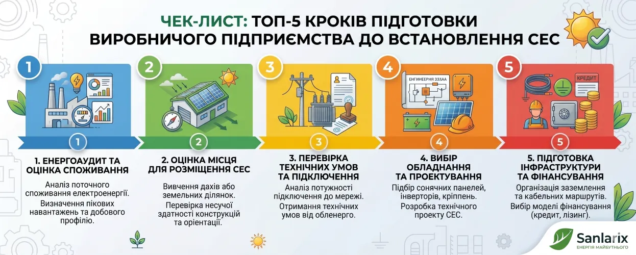 ТОП-5 кроків (чек-лист) підготовки виробничого підприємства до встановлення СЕС