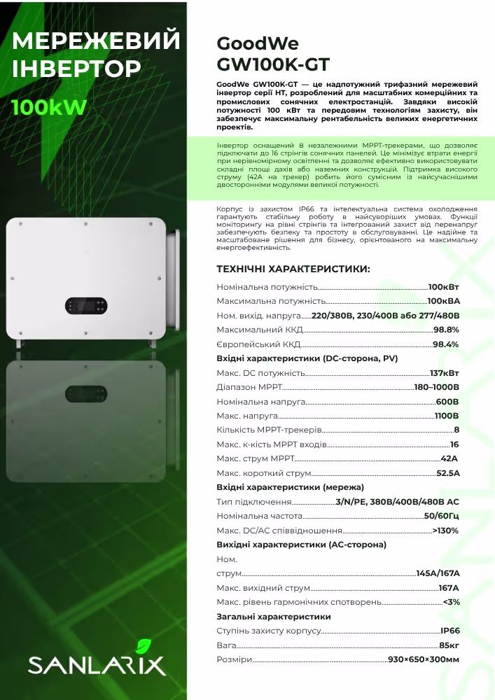 GoodWe GW100K-GT 100 кВт трифазний мережевий інвертор — фото 4
