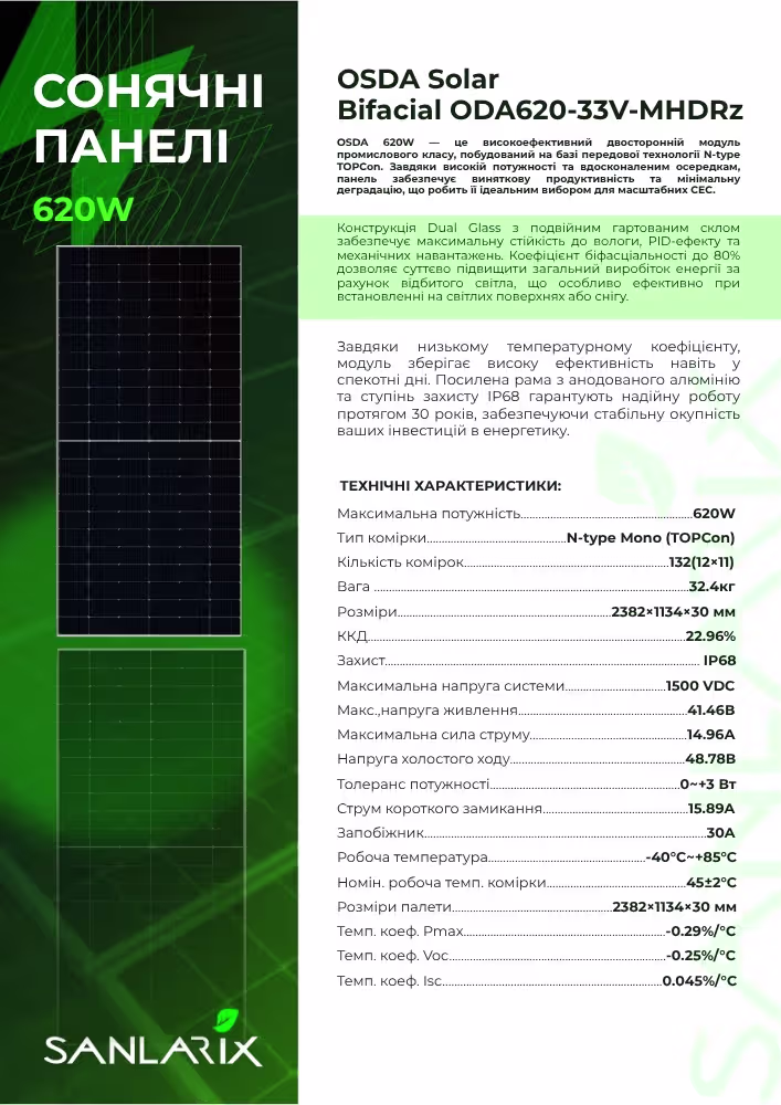 OSDA 620 Вт сонячна панель N-Type Topcon ODA620-33V-MHDRz Bifacial — фото 4