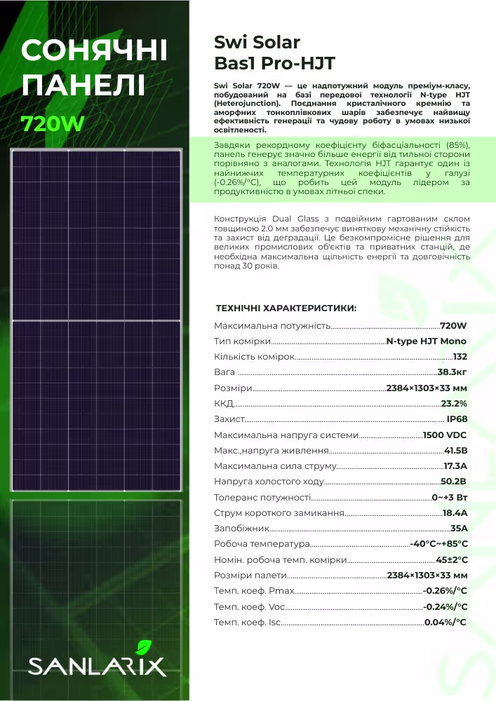 Swi Solar 720Вт сонячна панель BAS1 Pro-HJT Bifacial — фото 2