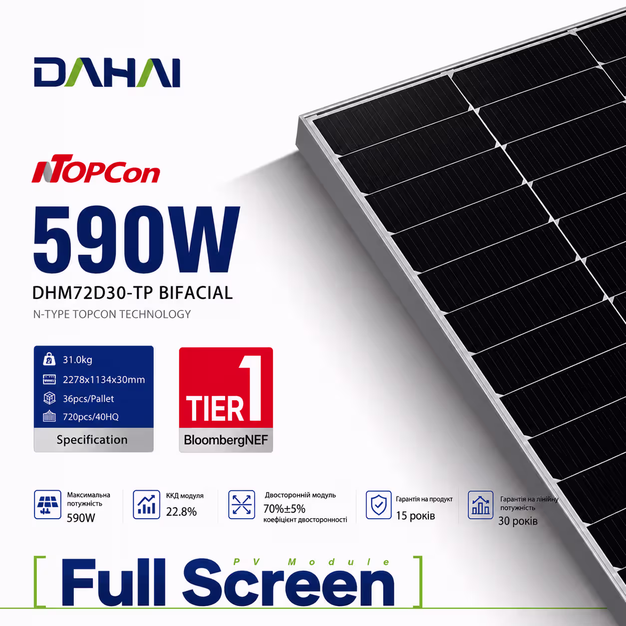 DAHAI 590 Вт сонячна панель DHM72D30-TP Bifacial — фото 2