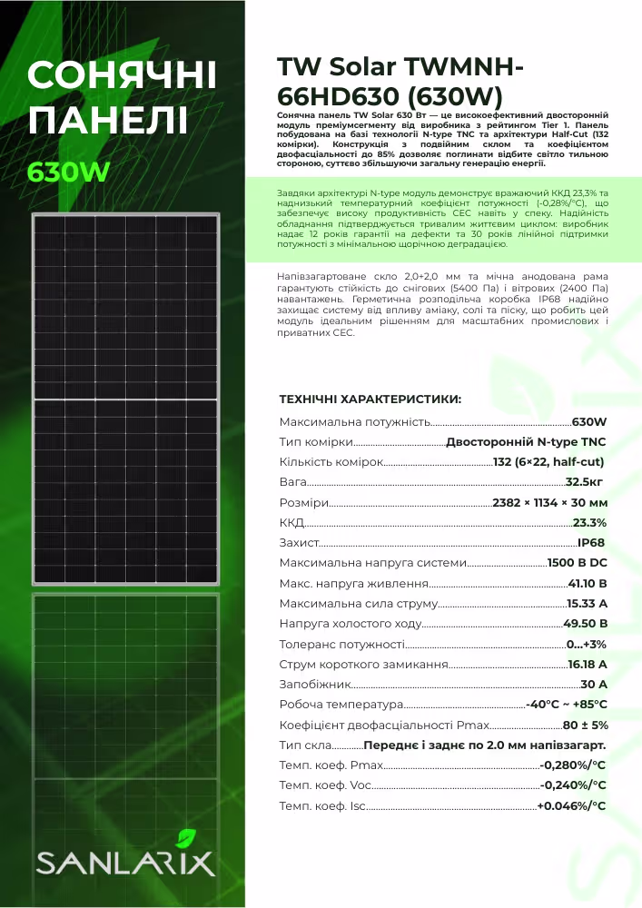 Tongwei TW Solar 630 Вт сонячна панель N-type Half cell, Bifacial Module TWMNH-66HD630