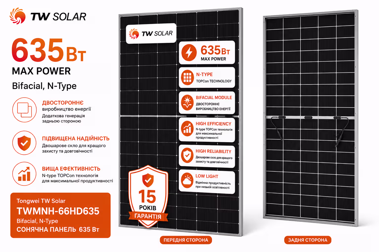 Tongwei TW Solar 635 Вт сонячна панель Bifacial, N-Type TWMNH-66HD635
