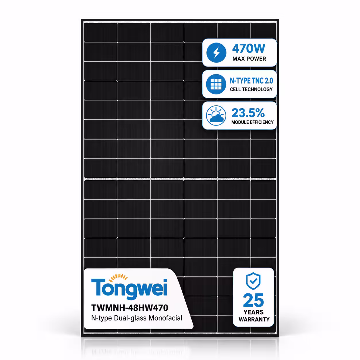 Tongwei 470 Вт сонячна панель TWMNH-48HW470 N-type Dual-glass Monofacial — основне фото