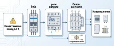 Що робити, якщо навантаження перевищує 63 А: схема реле плюс контактор