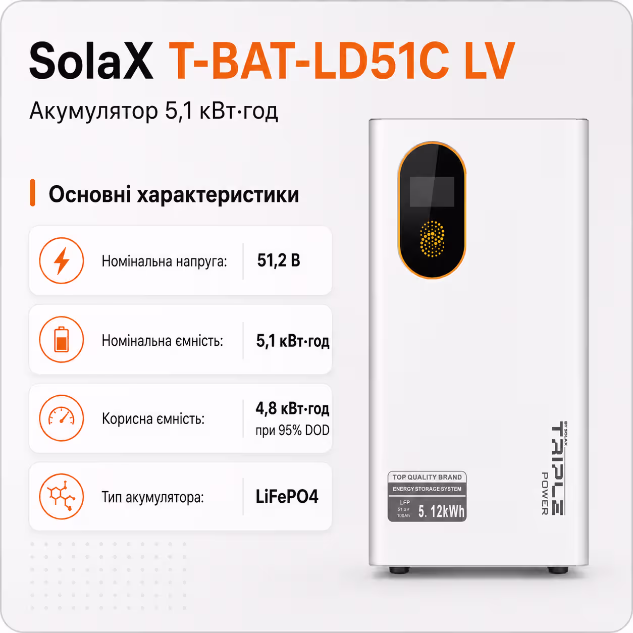 SolaX 5,1 кВт/год 51,2 В LiFePO4 акумулятор T-BAT-LD51C LV — фото 3