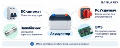 Захист батарейного контуру: автомат, запобіжник, роз’єднувач і BMS Захист батарейного контуру: автомат, запобіжник, роз’єднувач і BMS